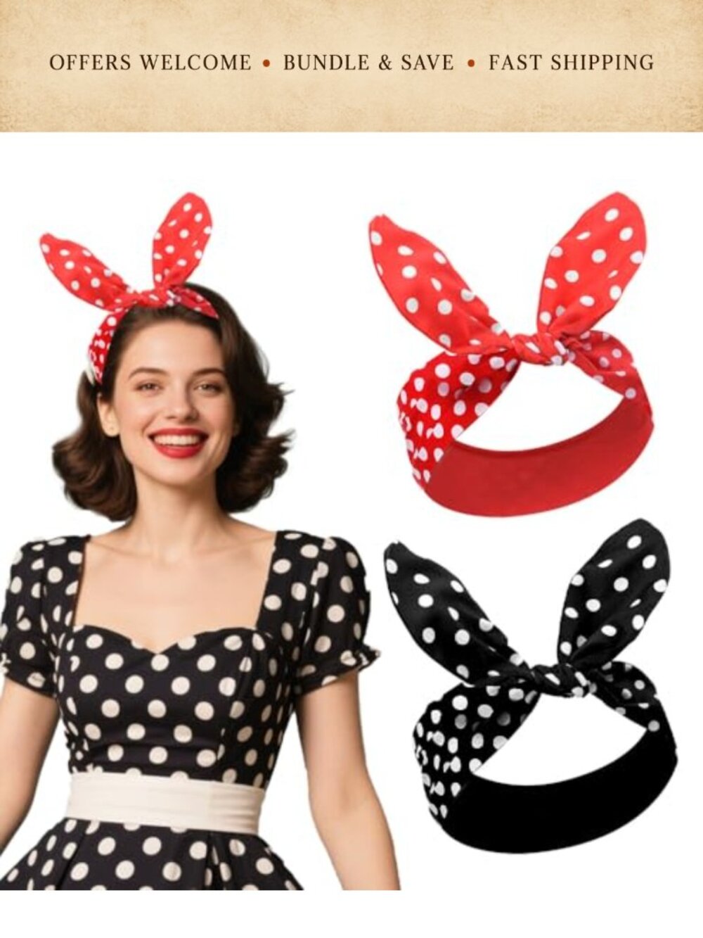 Bunny Ears Headband Polka Dot Set 2 Pc Vintage Retro Hair Accessories